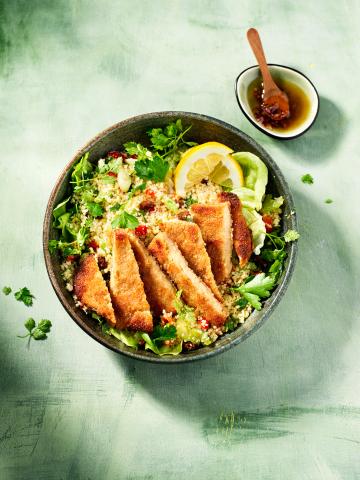 Couscous veggie and herb salad with Sensational Schnitzel