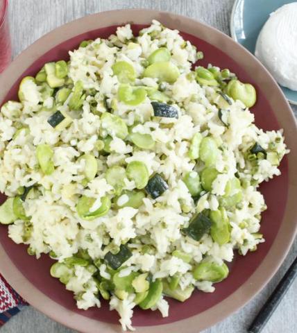 Risotto de légumes verts au fromage de chèvre frais