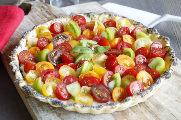 Tarte fine ricotta basilic et petites tomates