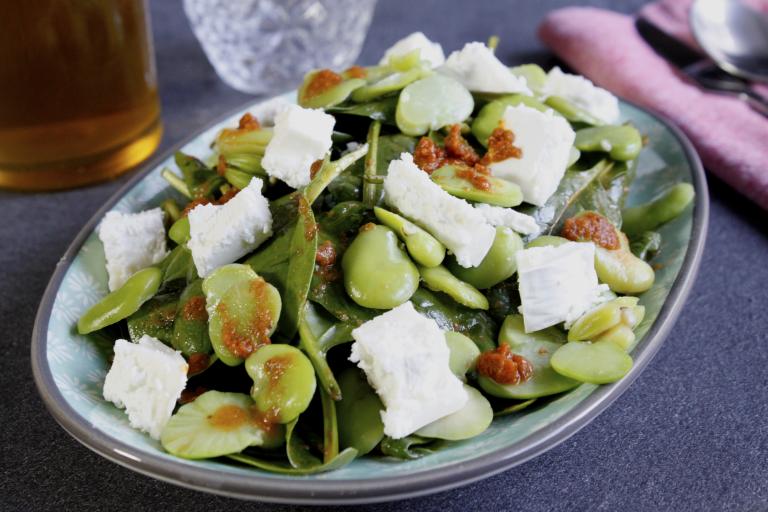 Salade de fèves, chèvre, pousse d'épinards