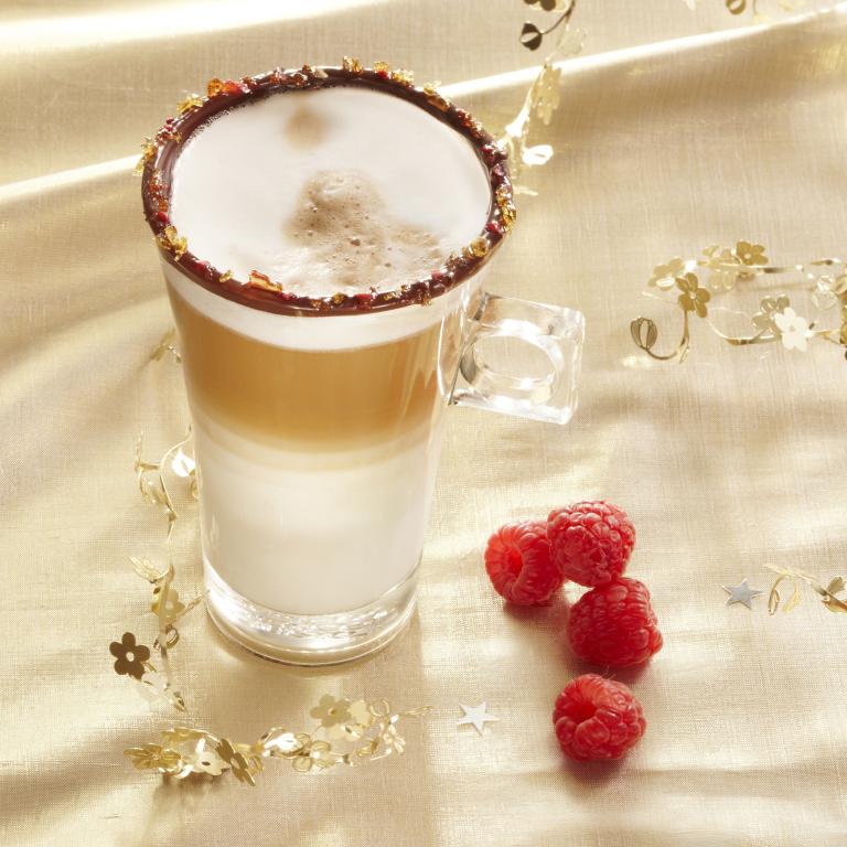 Chocolat, éclats de caramel et framboises (latte caramel dg)