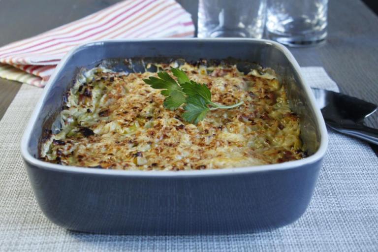 Gratin de poireaux aux lardons et crème de parmesan