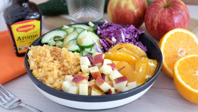 Salade de lentilles, chou rouge pomme orange