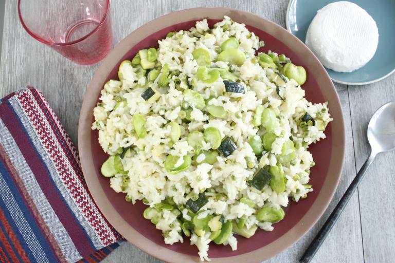 Risotto de légumes verts au fromage de chèvre frais