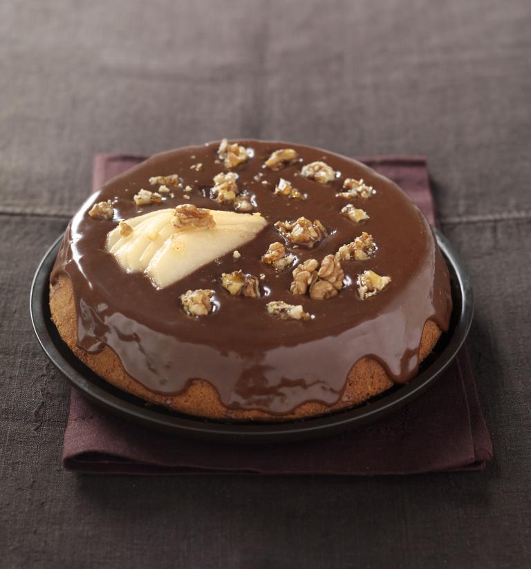 Gâteau aux noix, ganache au chocolat praliné et poires (janvier 2012)