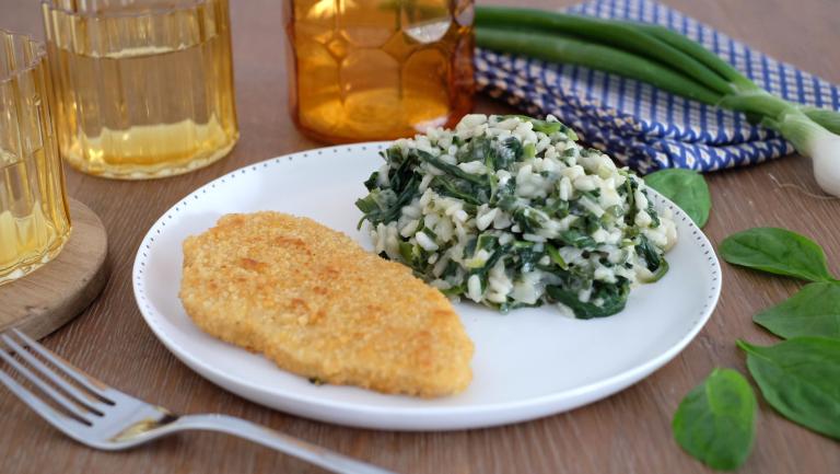 La panée et risotto de légumes verts