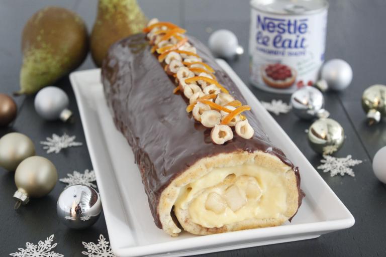 Bûche poire orange chocolat au lait concentré