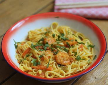 Linguines aux crevettes et petits légumes