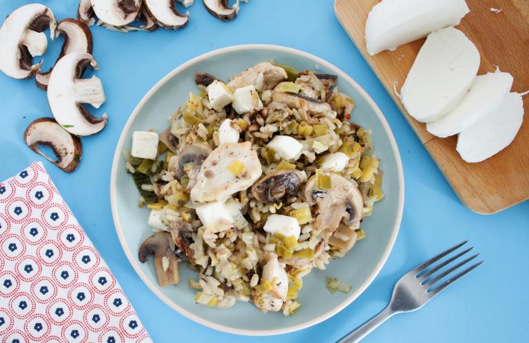 Risotto aux champignons, poireaux et poulet