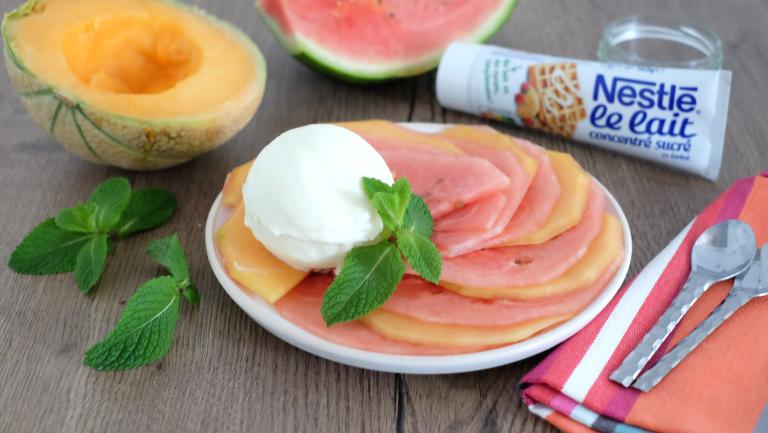 Carpaccio melon pasteque et glace au lait concentré